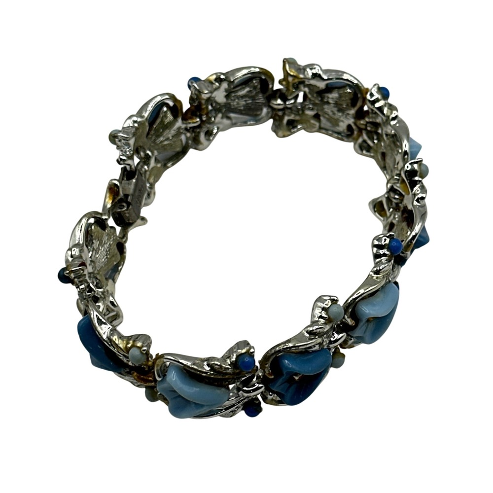 Vintage Coro Blue Molded Glass Flower Silver Tone Link Bracelet Floral Design